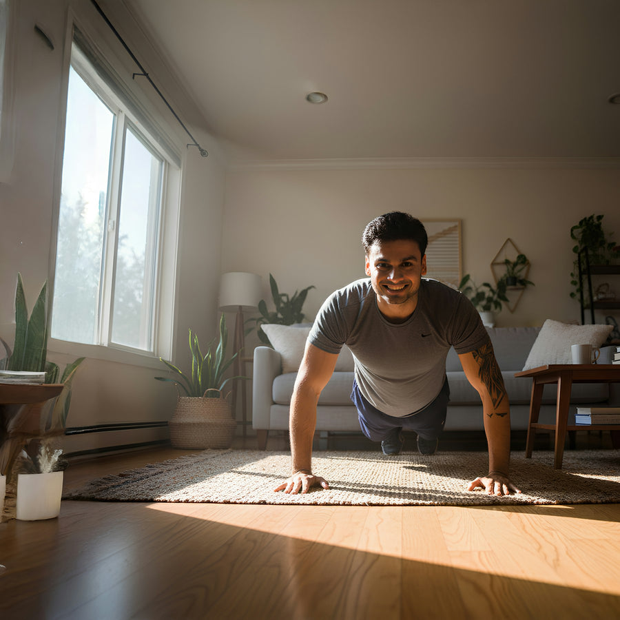Persona haciendo flexiones en el salón de casa